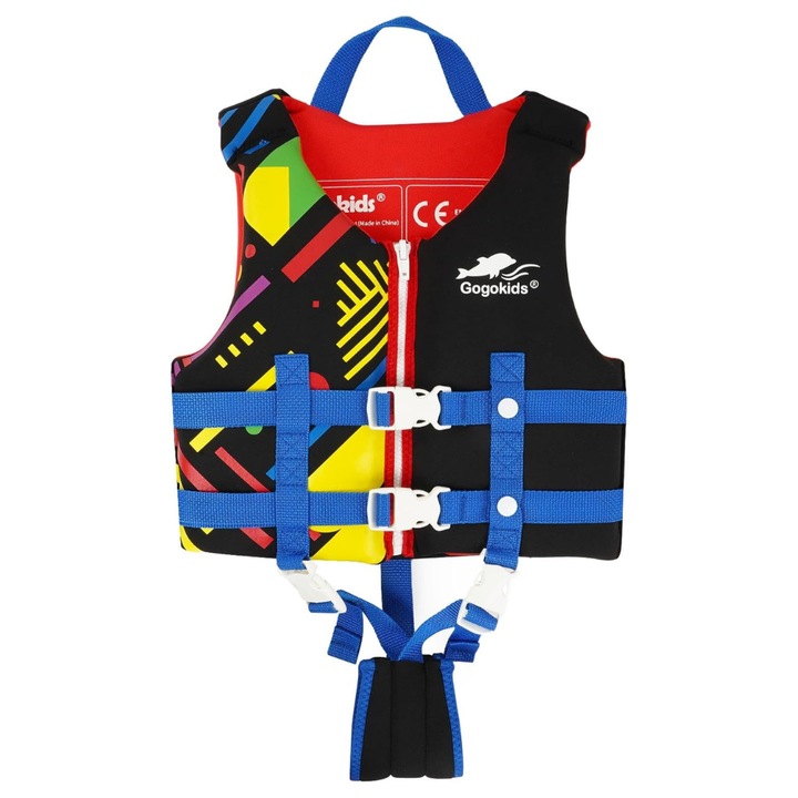 Gogokids Kids neoprén mentőmellény úszástanuláshoz, úszóképesség, 1-9 év, súly 11-35 kg, S méret, fekete és piros geometriai mintákkal