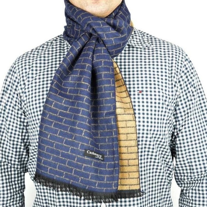 Sal barbati Stylion, geometric, cu franjuri, 178x31cm, albastru-cafea deschis