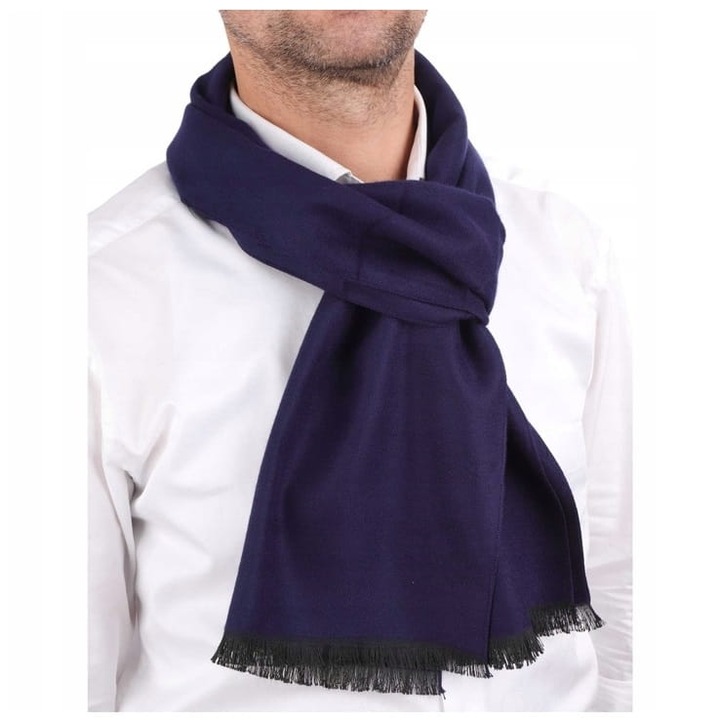 Sal barbati, Stylion, model simplu, cu franjuri, albastru, 192x31cm