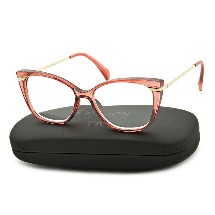 Ochelari de citit dama, ST314, +2.0, roz transparent cu aurii, set cu etui si laveta
