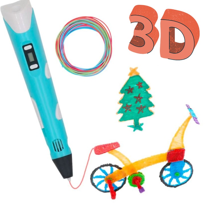 Интерактивен 3D молив, 3D печат, цифров дисплей, регулируема температура, включен комплект многоцветни нишки, за развиване на креативността и въображението на малките, син