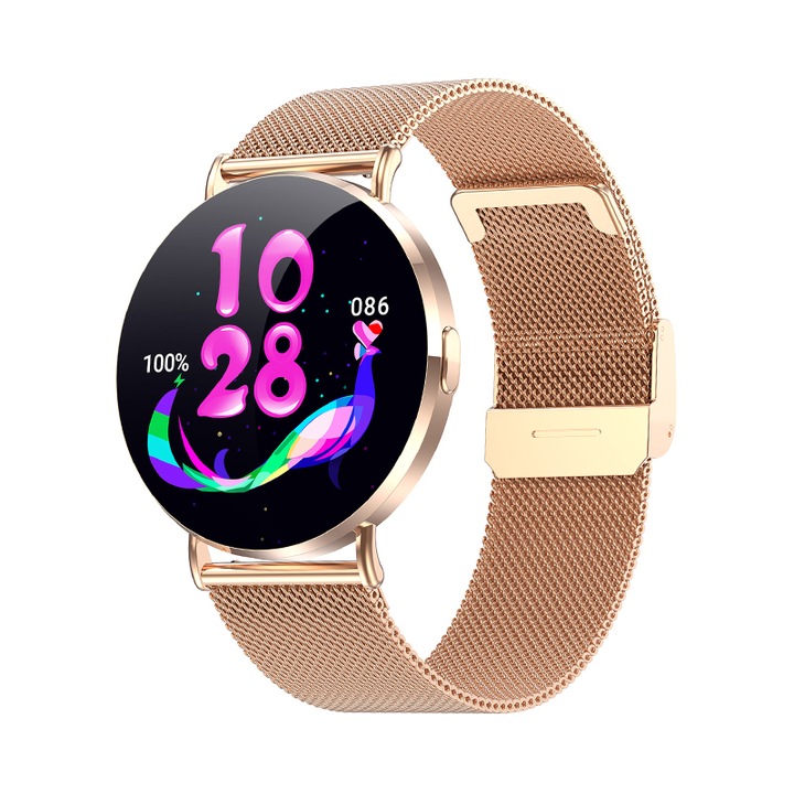 Ceas Smartwatch dama, Ecran Amoled 1.32 inch, Evo Factory, Limba Romana, Preluare Apeluri si Mesaje Bluetooth, Monitorizare Ritm Cardiac si Somn, Difuzor si Microfon incorporat, IP67, Android-IOS