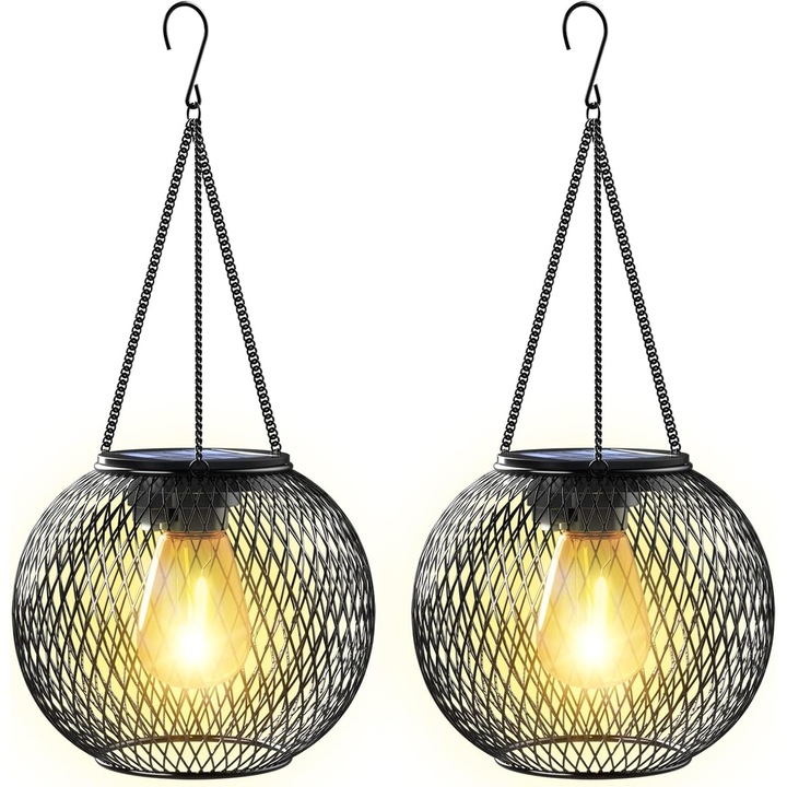 Set de 2 Lampi solare KagoLing, metalice, rezistente la apa IP65, 8.4 x 8.4 x 12.4 cm, comutator ON/OFF, culoare negru