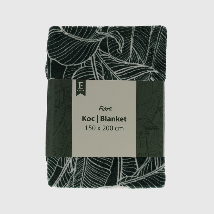 Patura confortabila, Model FIORE, Motiv flora, ESSEX, 150x200 cm, Verde inchis