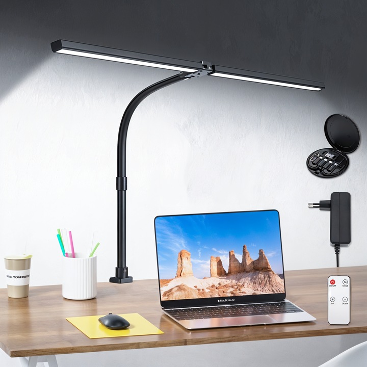 Лампа Gavriet™, LED, За офис, работа и четене, 80 см, 5 вида светлина, 10 нива на интензитет, 24 W, Регулиране на 360°, Регулируема цветова температура 2700-6500K, Дистанционно управление и USB адаптер