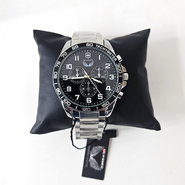 Ceas elegant barbatesc Ulysses OMICRON, cu quartz, curea metalica si cadran din otel inoxidabil, in cutie eleganta, Argintiu/Negru, VELVE