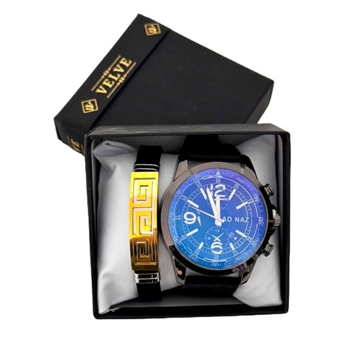 Set barbatesc elegant cu ceas si bratara, otel inoxidabil si curea silicon, in cutie eleganta, Negru, VELVE