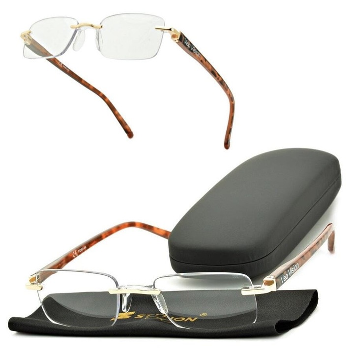 Ochelari de vedere fara rama, Stylion, model ST323A, +3.50 dioptrii, pantera + auriu, set cu etui si stergator