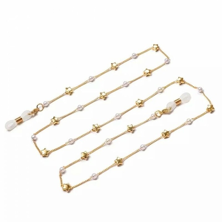 Snur decorativ pentru ochelari, Stylion, Metal, auriu/alb, 74cm