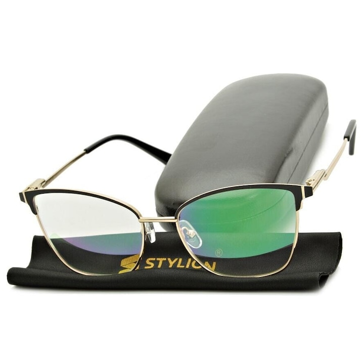 Ochelari de vedere dama, Stylion, Otel, UV 400, Dioptrie +3.50, Auriu / Negru