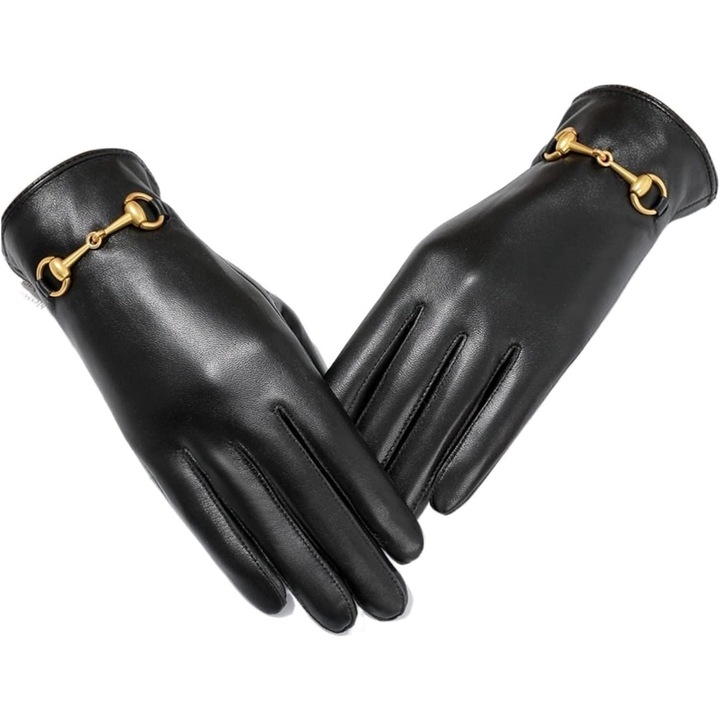 Manusi dama, Stylion, din piele, cu catarama, negre, Negru, 8.5 cm