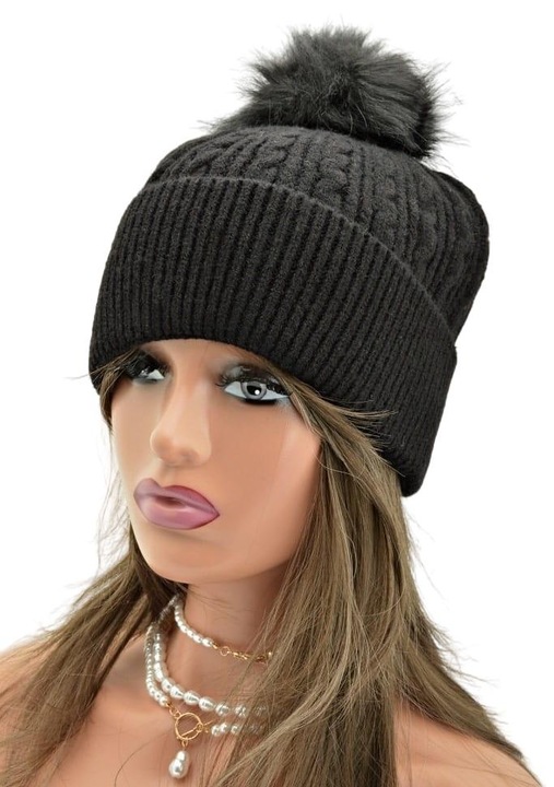 Caciula dama cu pompon, Stylion, Acril, Negru, Universal