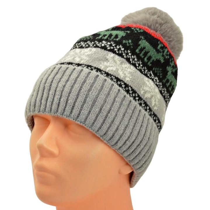 Caciula unisex stilion, cu pompon, gri, dimensiune universala