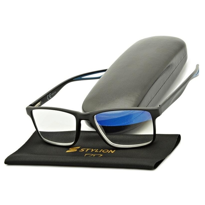Ochelari de vedere, Stylion, model ST315B, +2.50 dioptrii, antireflex, culoare neagra, dimensiuni 13.1x4.1cm, set cu etui si laveta