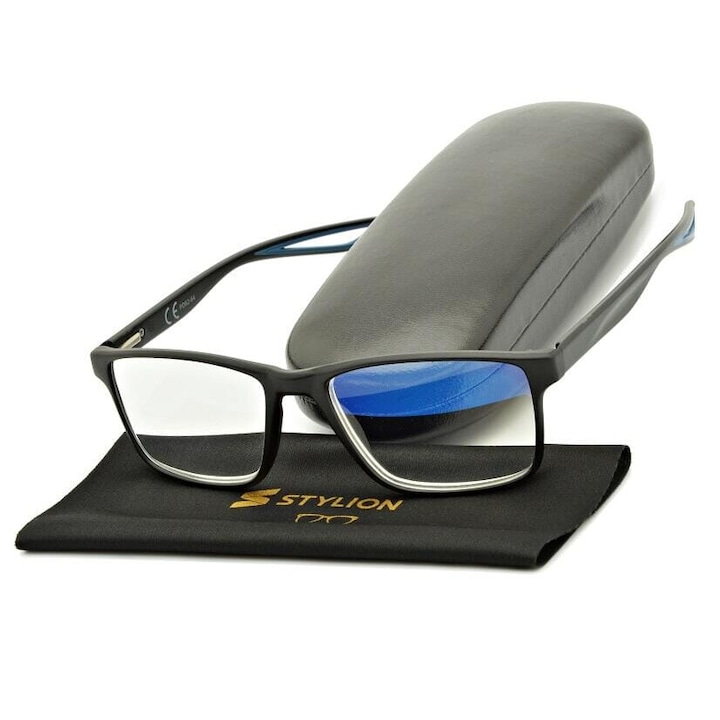 Ochelari de vedere, Stylion, model ST315B, +1.75 dioptrii, cu filtru Blue Light, culoare neagra, dimensiuni 13.1x4.1cm, set cu etui si stergator