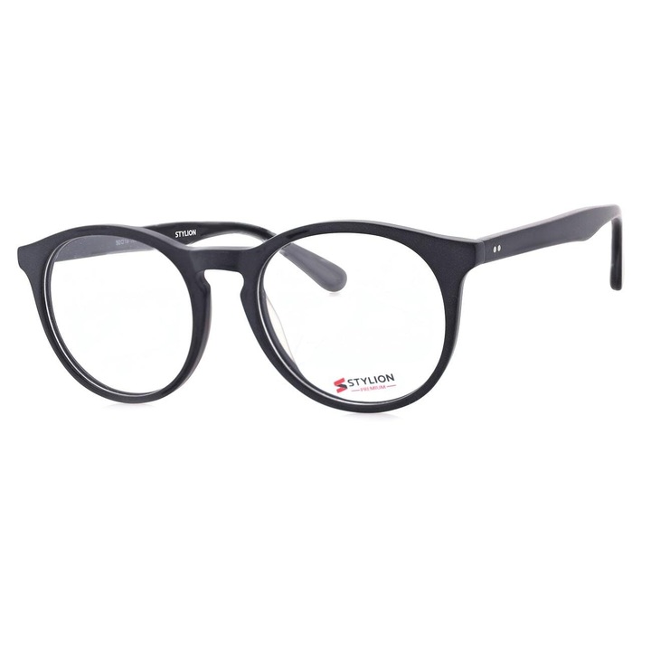 Rame ochelari STAC-42 unisex, acetat grafit inchis mat, forma ovala lenonki, cu lentile zero UV400, set complet cu toc rigid si laveta curatare, pentru prescriptie medicala sau uz zilnic