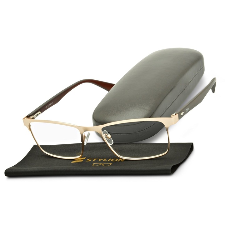 Ochelari de citit cu lentile corective ST330A, Stylion, +1.75 dioptrii, otel, auriu/maro, set cu etui si laveta