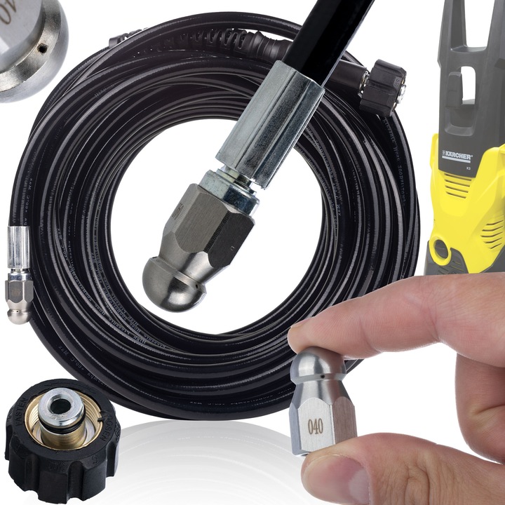 Furtun de curatare canalizare, Rosfix, Nailon, Compatibil Karcher K2-K7, 20 m, 200bar, Maxim 60°C, Negru