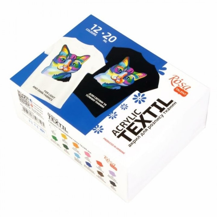 Set de 12 culori acrilice pentru tesaturi 20ml, Rosa, pentru tesaturi deschise si inchise, 130x100mm