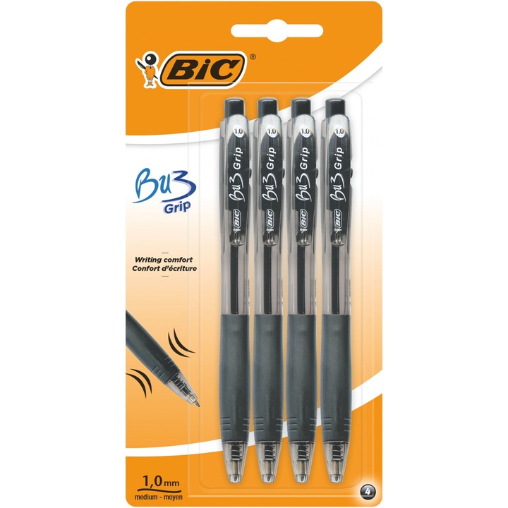 Комплект от 4 химикалки BIC Bu3 Grip, 1.0 мм, черни, 100x197x16 мм