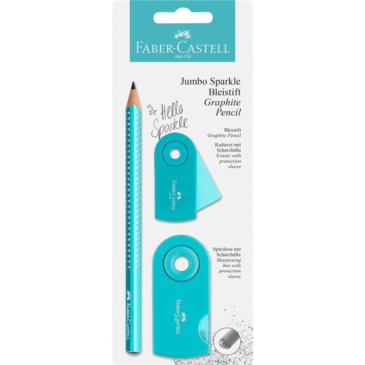 Set Jumbo Sparkle Faber-Castell, creion + ascutitoare + guma, turcoaz, 235x91mm