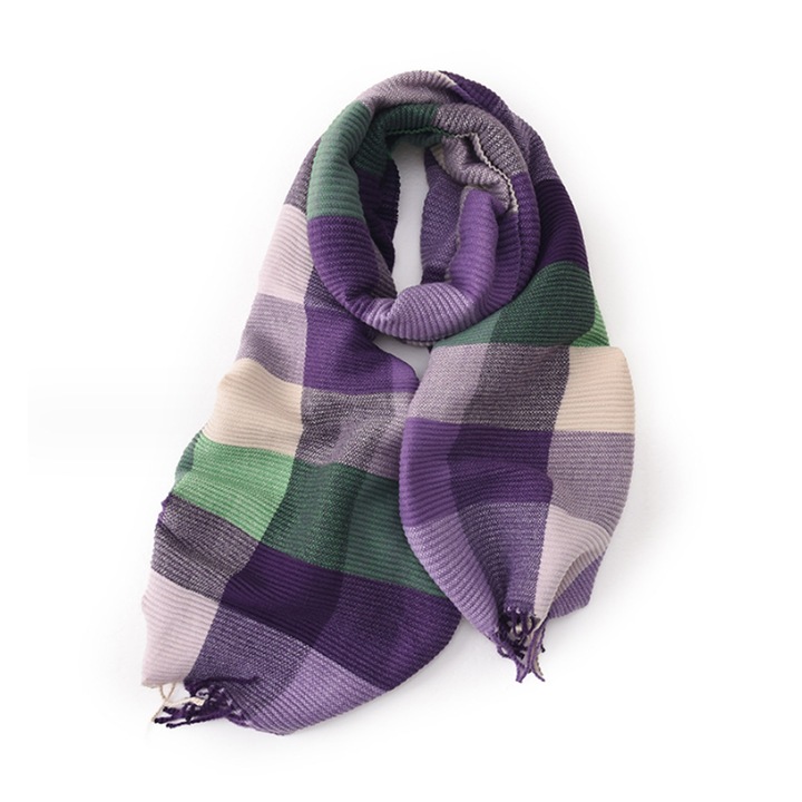 Esarfa plaid unisex, 200x68cm, moale, calduroasa, cu ciucuri, multicolor