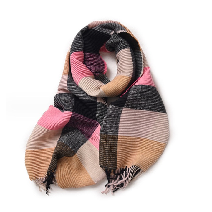 Esarfa plaid unisex, 200x68cm, moale, calduroasa, cu ciucuri, multicolor