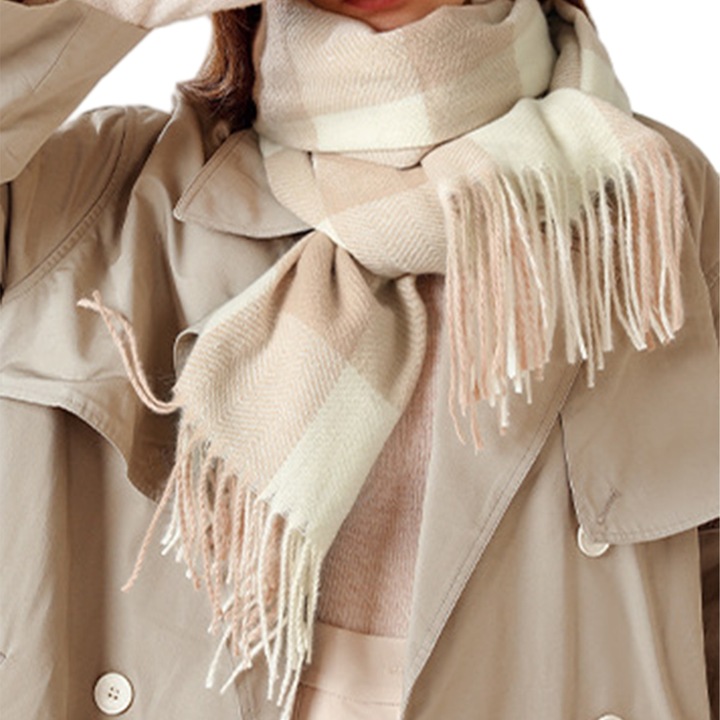 Fular unisex, 180x70cm, calduros, cu franjuri, bej