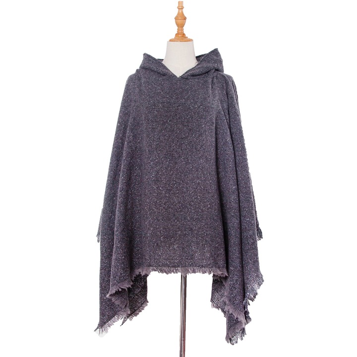 Poncho cu gluga QttvbTna, carouri, franjuri, 135x135cm
