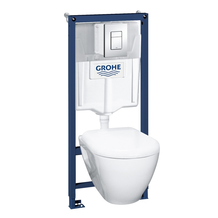 Pachet WC 4 in 1 Grohe Solido Perfect 39186000, WC suspendat, cadru, capac, placuta, elemente montaj, alb