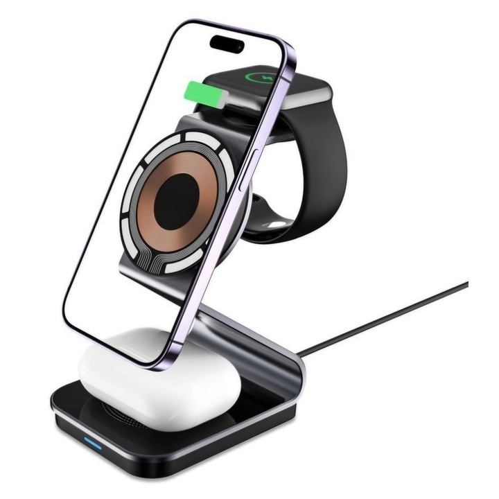 Incarcator Wireless pentru Birou, Compatibil MagFit, Incarcare Rapida, 15W, Indicator LED, Negru