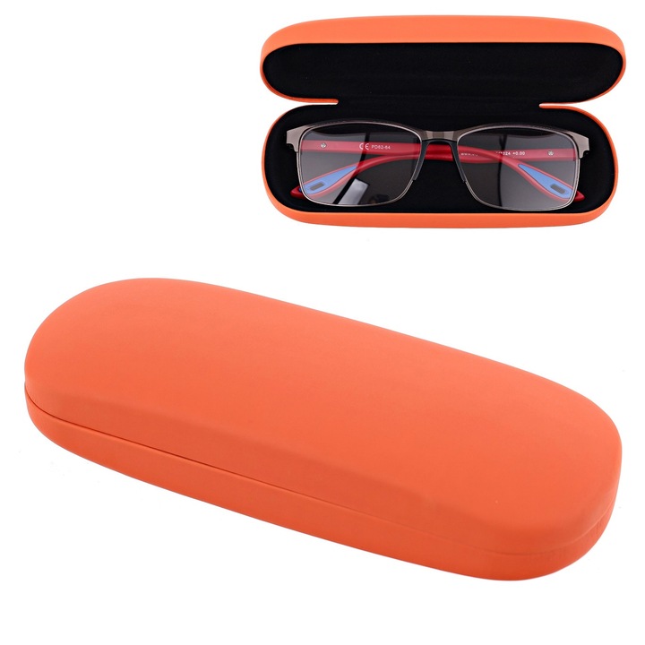 Husa rigida de protectie pentru ochelari de vedere si ochelari de soare, Stylion STHC-13F, portocalie, universala, eleganta, cu interior moale, dimensiuni 16.3x3.9x6.3cm, pentru lentile delicate, rezistenta la socuri si zgarieturi, unisex