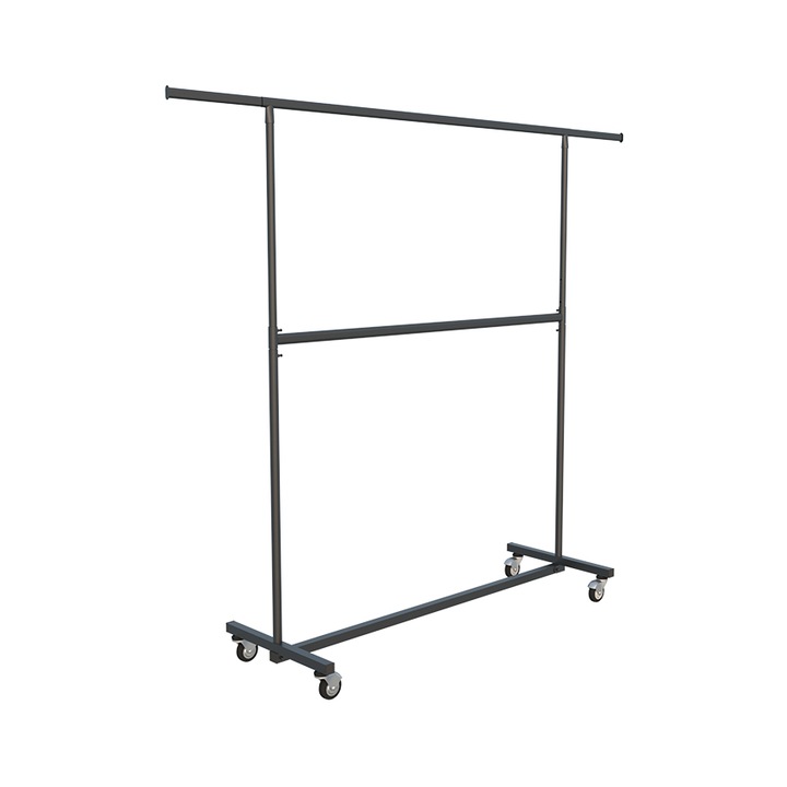 Suport haine metal negru pliabil 2 nivele cu extensie, reglabil, roti metal
