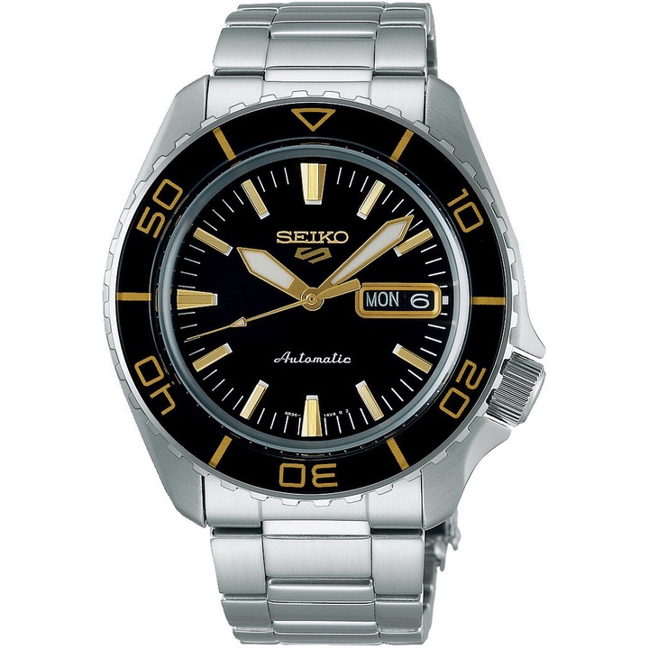 Ceas Seiko 5 Sports Automatic, mecanism 4R36, argintiu, negru, 10 ATM