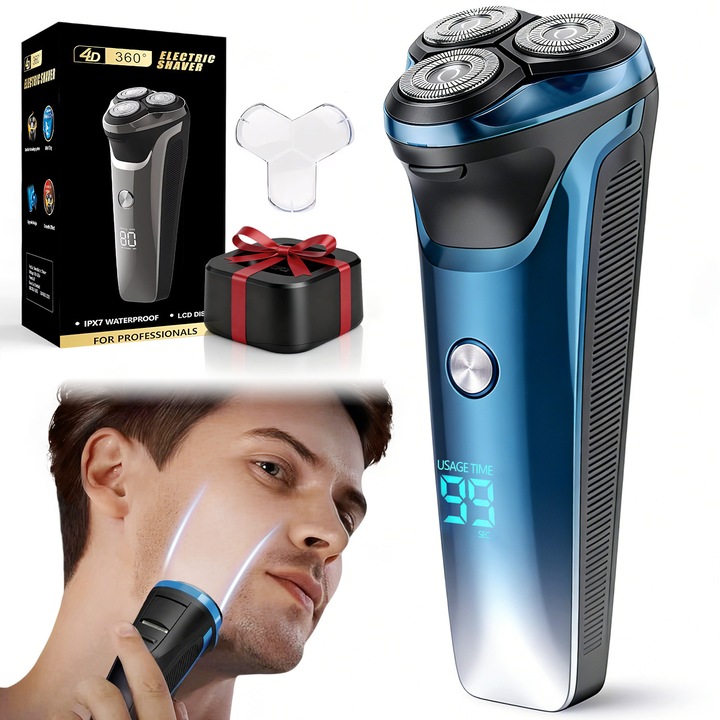 Aparat de Ras Electric, BYONDSELF®, Cap 4D, 360°, 6500 RPM, IPX7, Autonomie Baterie 90 Min, cu Baza de Incarcare, Display LCD, Albastru