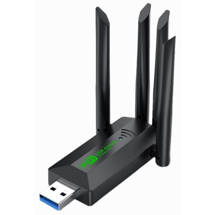 WiFi USB адаптер Dual Band 2.4G+5Ghz Planet Tech, 4 антена 802.11AC USB 3.0, Високоскоростен 1200Mbps приемник за безжична карта PC/Лаптоп, Черен