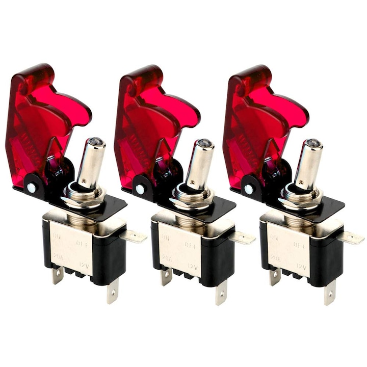 Set 3 Intrerupator metalic ON/OFF lumina de fundal rosie 12/24V, Inhwatek®
