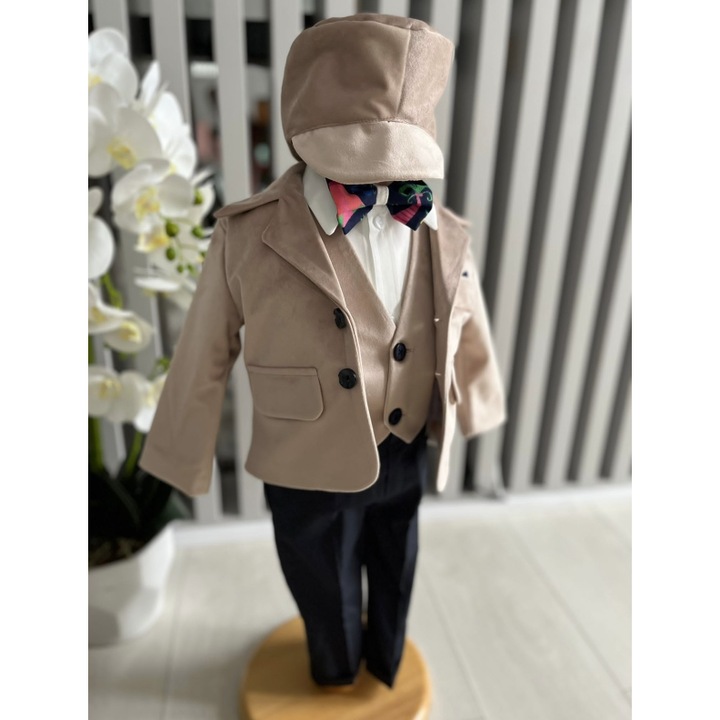 Costum botez catifea, camasa, sepcuta, papion, culoare crem 0-3 luni, Gabrielle Bebe, GBR78/100