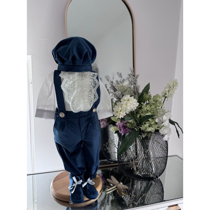 Costum botez inger, cu aripi inger detasabile, body, botosei, boneta, culoare bleaumarin 6-9 luni, Gabrielle Bebe, GBR36/100