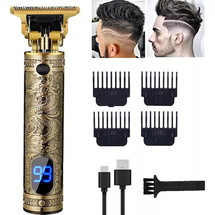 Комплект машинка за подстригване и самобръсначка за мъже, професионална, безжична, зареждане чрез USB, LCD дисплей, 1200mAh, 180 мин. автономност, 1.5-4 мм