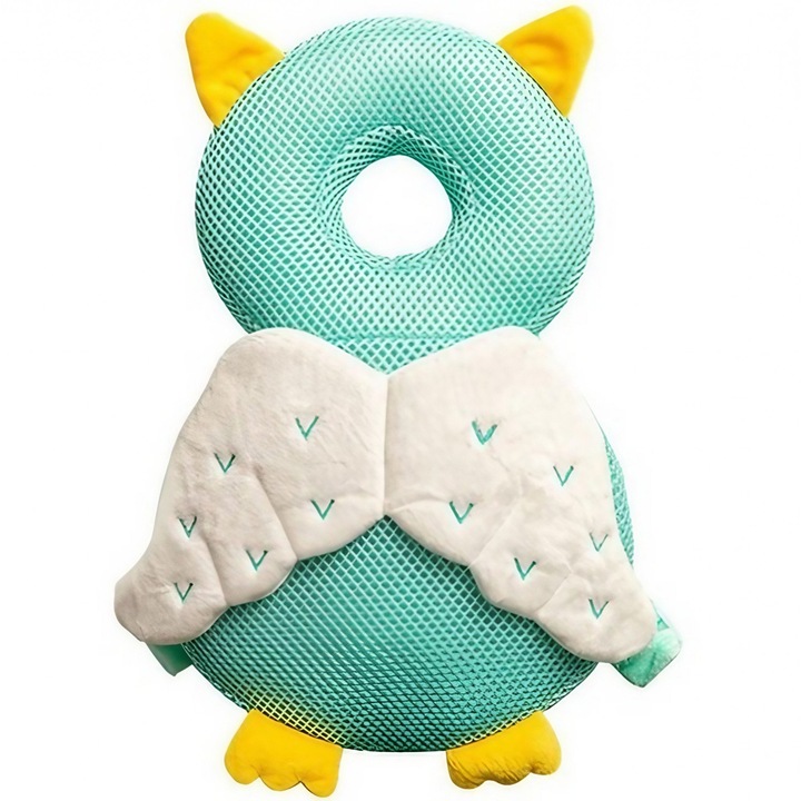 Бебешка възглавница, за защита на главата, Commando Kids, тип раница, лека, удобна, плюс пълнеж, възраст 0-3 години, размери 33x6x19 см, модел Бухал, тюркоазено синьо