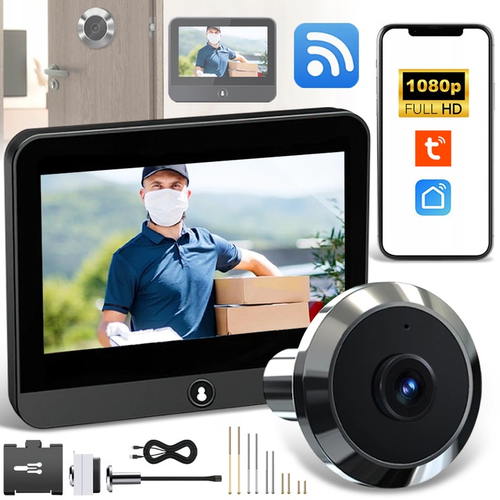 Vizor electronic inteligent Wi-Fi, Tressino, Sonerie fara fir cu camera, 1080P HD, Monitor LCD 5 inch, Unghi larg de 120°, Baterie de 5000mAh, Interfon bidirectional, Monitorizare miscare, Aplicatie Telefon Android/iOS, Supraveghere 24/7, Negru