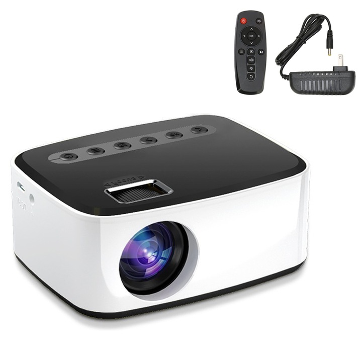 Преносим видеопроектор Yulinland®, Android и Wi-Fi, Bluetooth, Резолюция 1920 x 1080 HD, Поддържа 4K, VGA, USB, SD, Mirroring за Android/IOS/ipad/, вграден високоговорител, дистанционно управление, Черно, Бяло