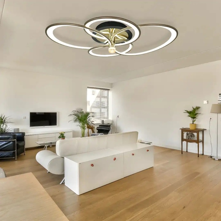 Lustra LED cu 3 tipuri de lumina si telecomanda, aurie cu negru, asimetrica, 103W, intensitate reglabila, lumina rece/neutra/calda, 77x58x15, IP21, aplicata, montaj tavan, LED CONCEPT