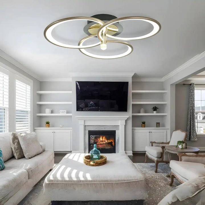 Lustra LED, telecomanda inclusa, aurie cu negru, asimetrica, 63W, trei tipuri de lumina, calda, neutra si rece, intensitate reglabila, dimensiuni (L, l, h) 54x54x15, clasa protectie IP21, montaj tavan