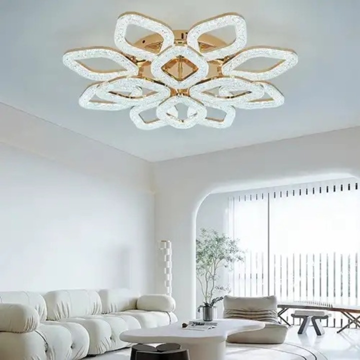 Lustra LED aplicata cu telecomanda, aurie, rotunda, 240W, 3 functii de lumina, calda, naturala si rece, intensitate reglabila, dimensiune 76x76x12cm, IP21, montaj tavan, LDC