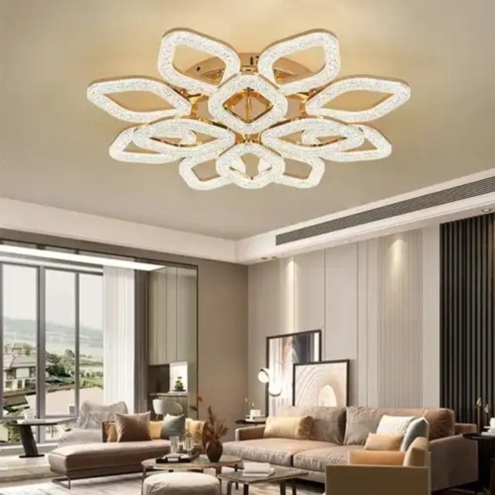 Lustra LED cu 3 tipuri de lumina si telecomanda, aurie, rotunda, 240W, intensitate reglabila, lumina rece/neutra/calda, 76x76x12cm, IP21, aplicata, montaj tavan, LED CONCEPT