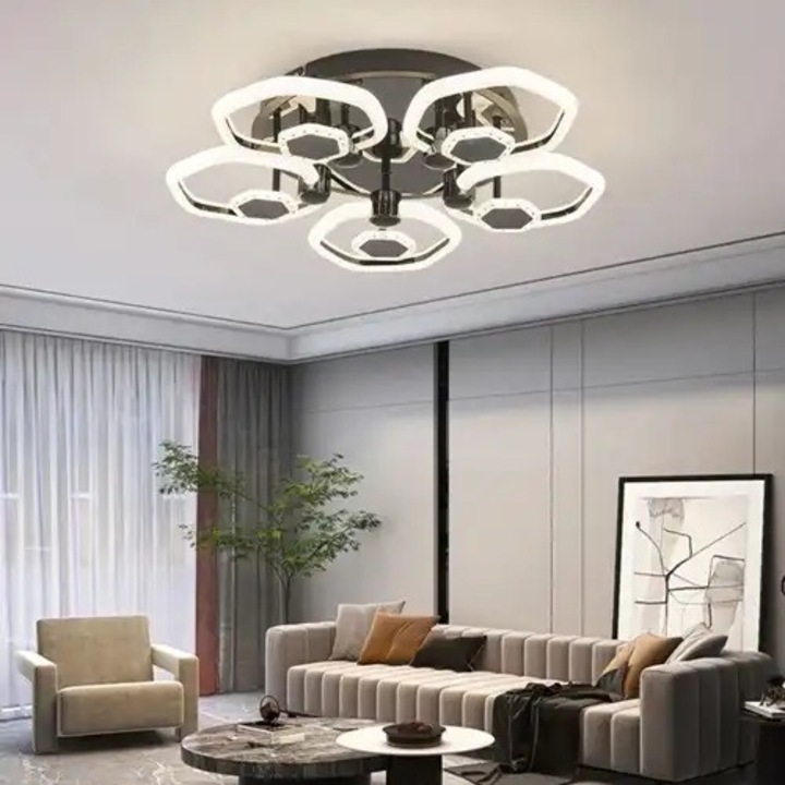 Lustra LED, telecomanda inclusa, aurie cu negru, rotunda, 150W, trei tipuri de lumina, calda, neutra si rece, intensitate reglabila, dimensiuni (L, l, h) 58x58x15cm, clasa protectie IP21, montaj tavan