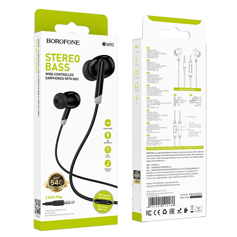 Casti Borofone BM92 Refined, Cu Microfon, Control Redare, Mufa 3.5 mm, Negru