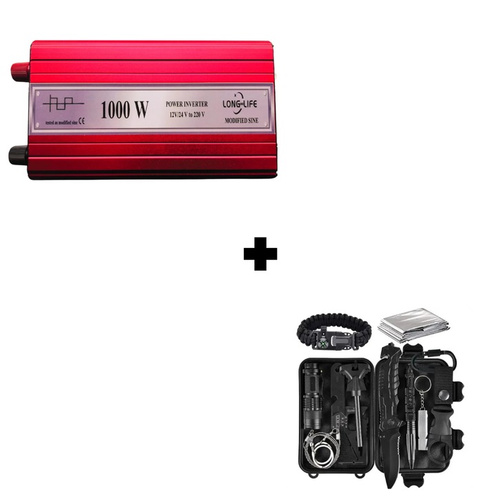 Set Invertor Long Life 1000W unda modificata 12V/24V-220V si kit supravietuire/camping 16 piese